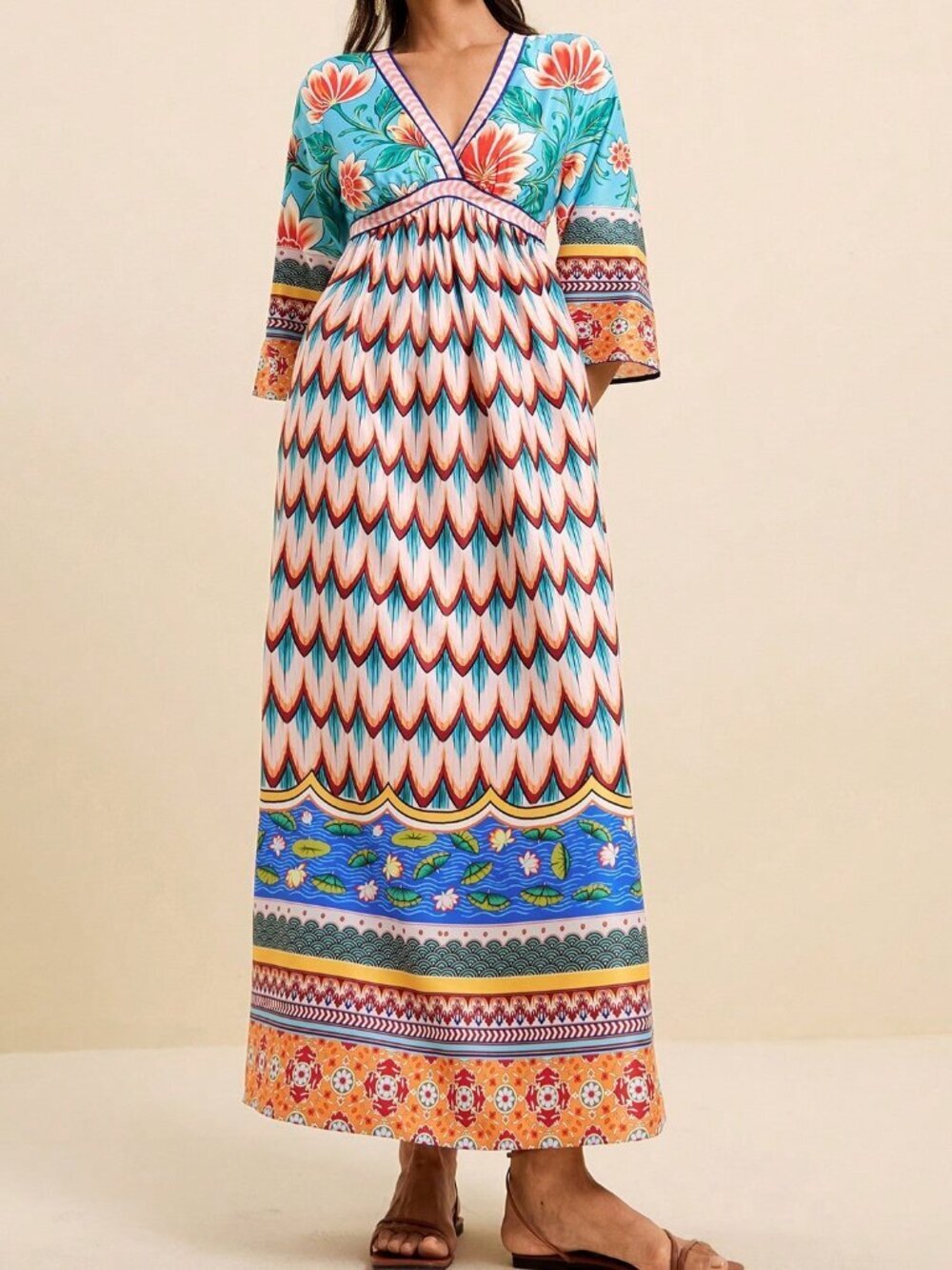 Multicolor Boho Women's Tropical Floral V-Neck Long Dress - Picture 1 of 8